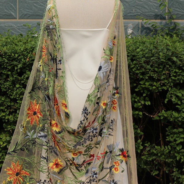 green floral bridal cape,floral wedding cape,floral cape veil,floral cape, wedding cape veil,dress cape,floral embroidered bridal cape