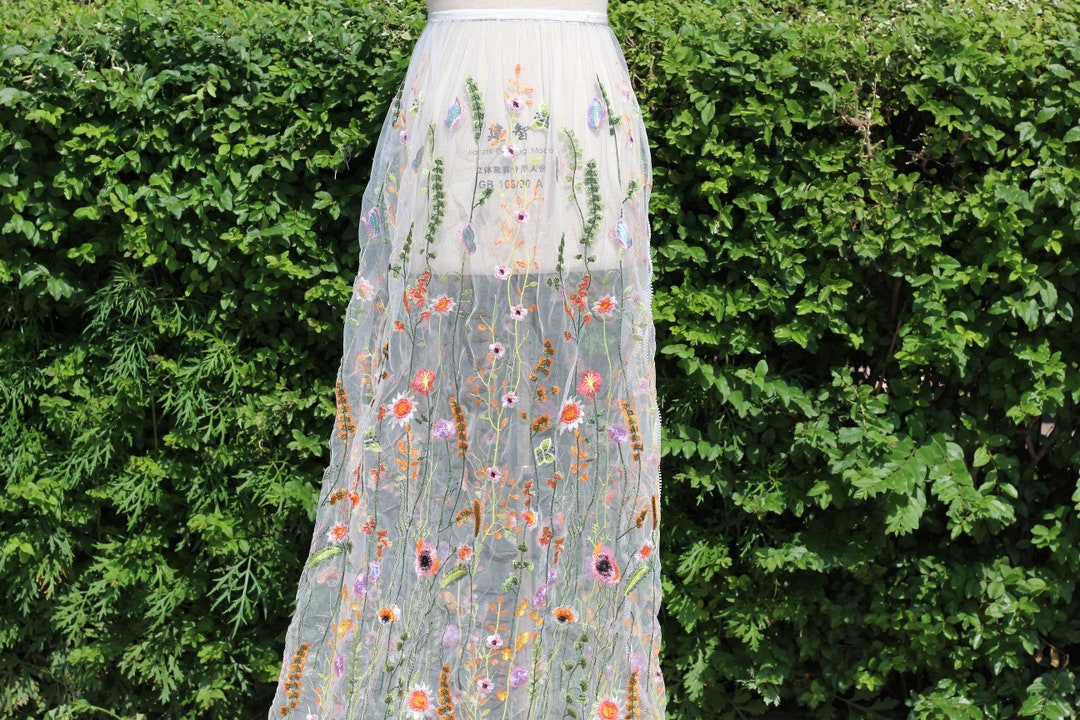 Enchanting Floral Embroidered Tulle Glitter Skirt with Captivating Slit main image 1