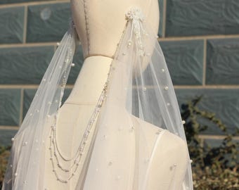 Boho Draped Wedding Veils,Vintage Drape Veil With Pearls wedding Draped Veil,wedding hair piece Pearl Tulle Veiling,Bridal Veil With Pearls
