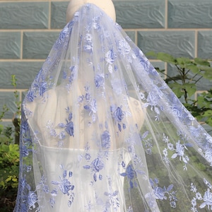 Blue Floral Veil Embroidered,Blue Flower wedding veil,Cathedral Veil With Flower bridal veil,Blue Embroidered wedding veil with embroidery