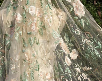 Embroidered Floral Wedding Veil, Pink Peachy Flower, Green Leaves, Cathedral Veil