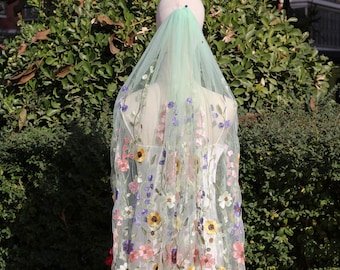 Colorful Embroidered Floral Wedding Veil with Metal Comb