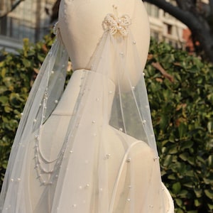 Drape Veil Hair Piece,bridal veil with head piece,Pearl wedding Draped Veil,Boho Wedding Veil,wedding hair piece pearls,Vintage Drape Veil