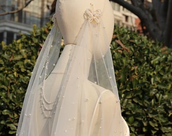 Drape Veil Hair Piece,bridal veil with head piece,Pearl wedding Draped Veil,Boho Wedding Veil,wedding hair piece pearls,Vintage Drape Veil