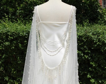 Voile de mariée en perles avec collier dans le dos, drapé pour robe de mariée