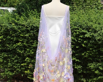 Floral Embroidered Wedding Cape Veil, Colorful Flower Appliques