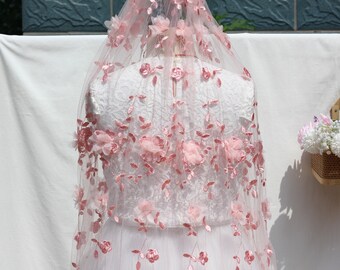 3d embroidered Veil,floral wedding cape,floral bridal veil embroidered,flower wedding veil,embroidered flowers cape,flowery wedding veil,