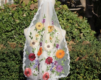 colorful floral wedding veil,wildflower veil,floral short veil,unique veil,floral veil embroidered flower veil,floral cape veil