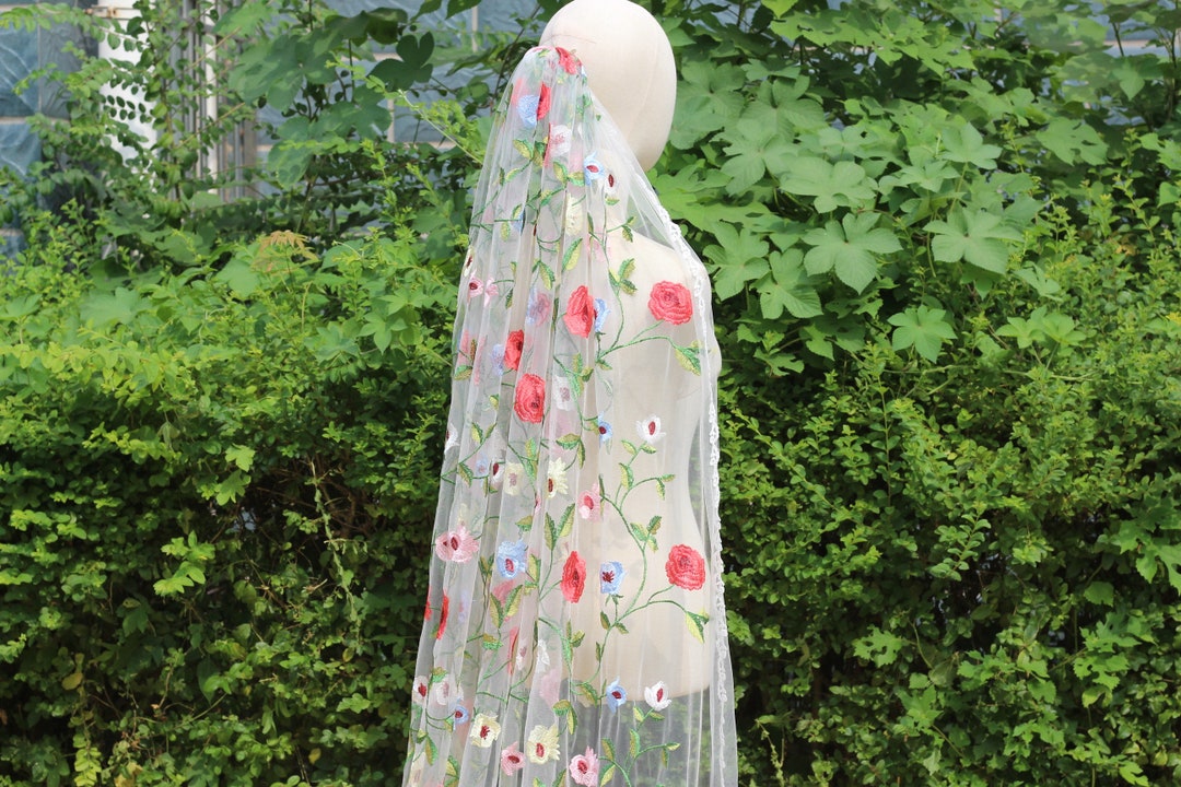 Colorful Flower Embroidered Veil,,wedding Cape Veil,floral Veil,flower