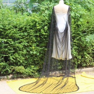 black wedding cape,black bridal cape,wedding cape black,black pearl cape,Black Cape Veil with Pearls,pearl wedding cape,black tulle cape