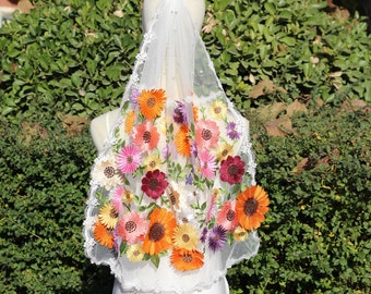 floral short veil,colorful floral wedding veil,wildflower veil,unique veil,floral veil embroidered flower veil,floral cape veil