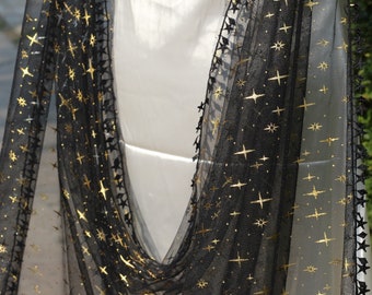 Black Glitter Star Tulle Cape, Celestial Wedding Veil