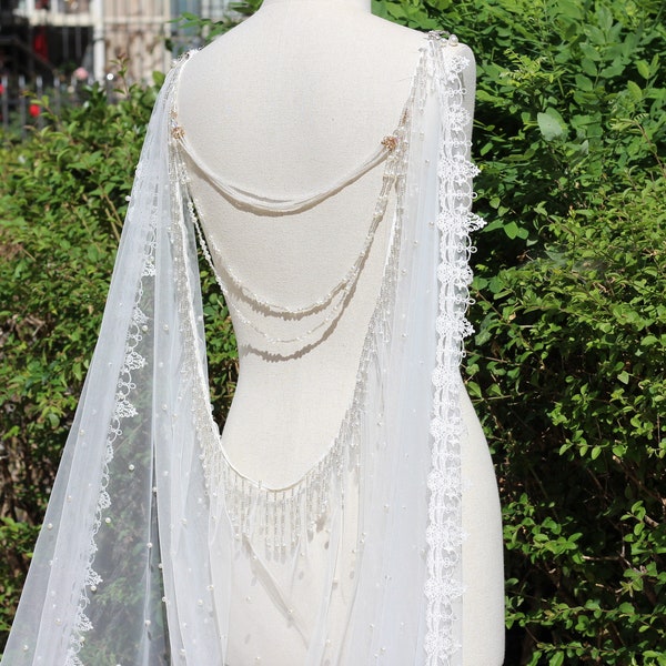 pearl cape veil with back necklace,drap wedding cape,Wedding Cape Veil with Pearl,Shoulder Cape Veil,bridal jewellery bridal cape veil