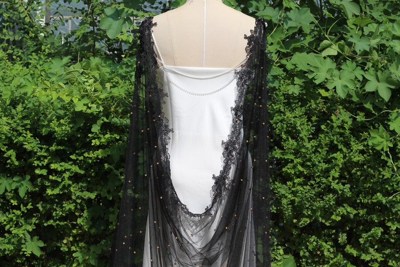 black pearl cape,Black Cape Veil with Pearls,wedding cape veil,pearl bridal wedding cape,shoulder cape veil,Black Pearls Bolero for Bride image 6