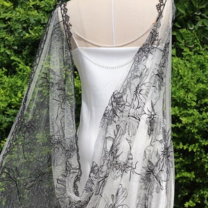 black bridal cape,black wedding cape,floral bridal cape,embroidered wedding cape,tulle cape,flower cape,black cape veil,wildflower cape veil