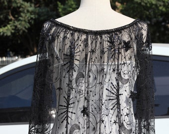 Black Glitter Star Cape Veil, Moon and Stars Celestial Bridal Cape