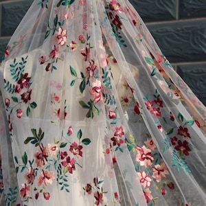 Burgundy Blush Pink Embroidered Wedding Veil With Flowers,Floral Veil,Cathedral Veil,Colorful Veil,Flowered Wedding Veil,Wildflower Veil