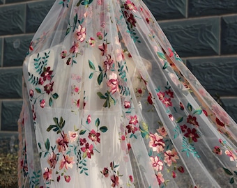 Burgundy Blush Floral Embroidered Wedding Veil, Cathedral Veil