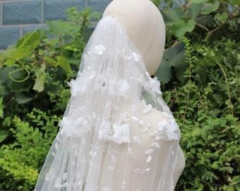 white flower veil,3D Embroidered flower veil,Floral wedding veil,floral embroidered veil,wildflower veil,floral cape veil,garden flower veil