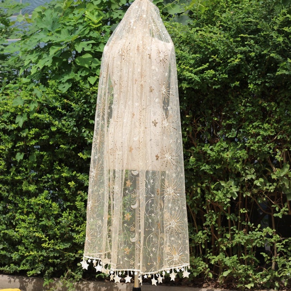 Voile de mariage étoile scintillante dorée, dentelle à sequins, voile de mariée céleste