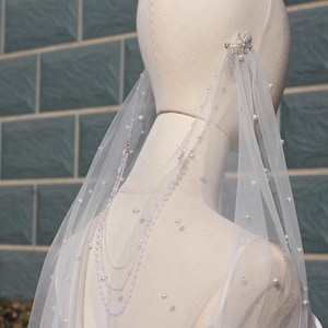 Draped Veil,Pearl wedding Draped Veil Hair Piece,pear bridal veil with head piece,Boho Wedding Veil,Vintage Drape Veil,Fingertip Veil