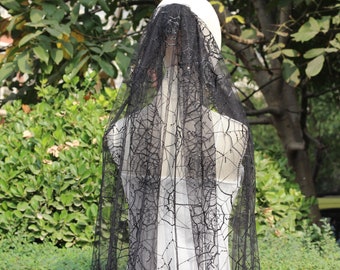 Black Spiderweb Lace Cape Veil, Gothic Wedding, Halloween Costume