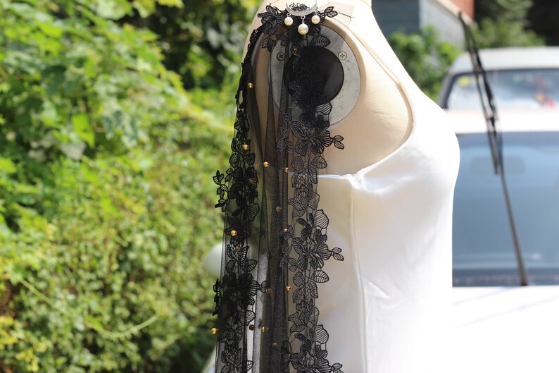 black pearl cape,Black Cape Veil with Pearls,wedding cape veil,pearl bridal wedding cape,shoulder cape veil,Black Pearls Bolero for Bride image 8