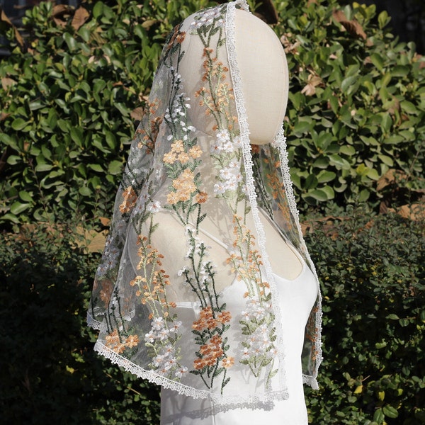 Wildflower veil,mantilla veil,Chapel Veil,Embroidered Veil,Floral Veil,Catholic veil,church veil,Latin Mass veil,chapel scarf,christian Veil