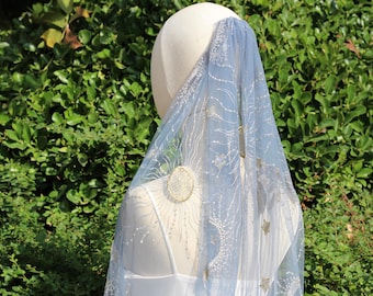 blue bridal veil,celestial veil,star cape,moon cape veil,celestial wedding veil,boho veil,bridal cape veil,embroidered veil,unique veil,