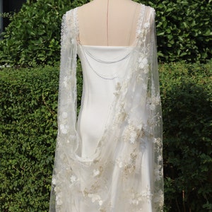 white and gold floral wedding cape,floral bridal cape,floral cape veil,floral embroidered bridal cape wedding cape veil,dress cape