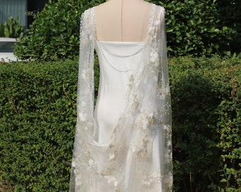 Floral Embroidered Wedding Cape, White and Gold Bridal Veil