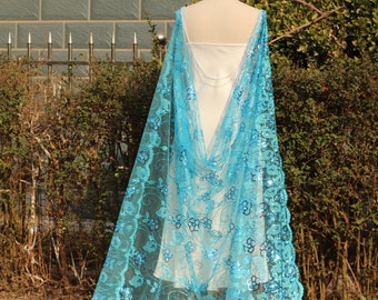 blue glitter sequins wedding cape,embroidered cape,flower bridal cape floral,sparkly wedding cape,bling wedding cape,sparkling bridal cape