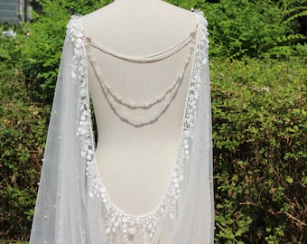 Wedding Dress Cape with Back Necklace,drap wedding cape shawl with Back Necklace,shoulder cape,pearl wedding cape,pearl bridal cape veil