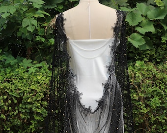 black bridal cape,black pearl cape,black wedding cape,black cape veil with Pearls ,black tulle cape,lace wedding cape,pearl cape veil,