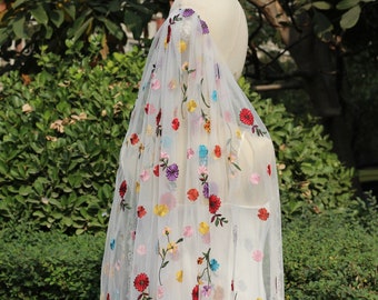 Embroidered Floral Wedding Cape Veil, Garden Flower Design