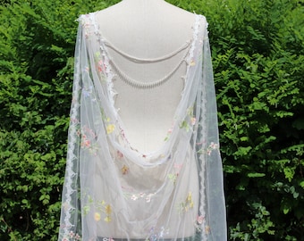 Floral Embroidered Wedding Cape, Wildflower Bridal Veil