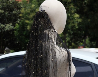 Black tulle Veil with gold Pearls,Pearl Wedding Veil,Lace Wedding Veil,Bridal Lace Veil,unique veil,Bride Veil with pearls,Draped Cape Veil