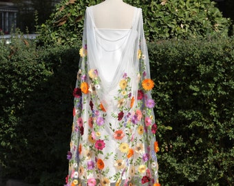 Embroidered Floral Bridal Cape, Colorful Wildflower Wedding Veil