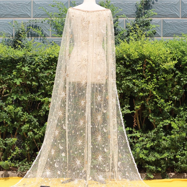 Voile de cape de mariage étoile scintillante dorée, cape de mariée drapée de sequins célestes