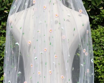 Embroidered Floral Wedding Veil, Delicate Flower Embroidery, Mantilla Veil