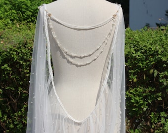 Bridal Drape Cape Veil with Back Necklace,bridal cape veil,pearl cape veil,drap wedding cape shawl,Pearl Wedding Cape Veil,Shoulder Cape