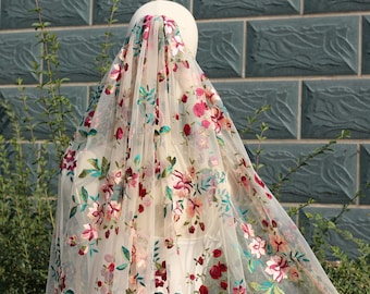 Embroidered Floral Wedding Veil, Pink Red Flower Bridal Veil, Lace Edge