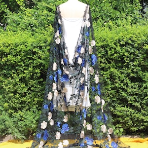 blue flower cape,blue floral bridal cape,black wedding cape,embroidered wedding cape,black cape veil,floral wedding cape,floral cape veil