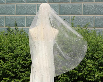 Starry Sparkle Bridal Veil with Rhinestones, Glitter Tulle Wedding Veil for Bride