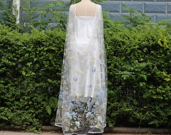 blue embroidered flower cape wedding floral wedding cape wildflower,garden floral bridal cape,bridal cape shoulder,boho wedding cape veil