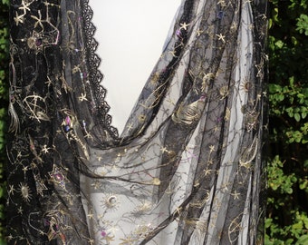Black Celestial Wedding Cape, Glitter Star Embroidered Bridal Veil