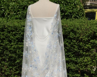 blue embroidered flower cape, wedding floral wedding cape, wildflower cape, floral bridal cape,bridal cape shoulder,boho wedding cape veil