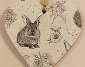 Easter Rabbit Wooden heart Decoupage decoration