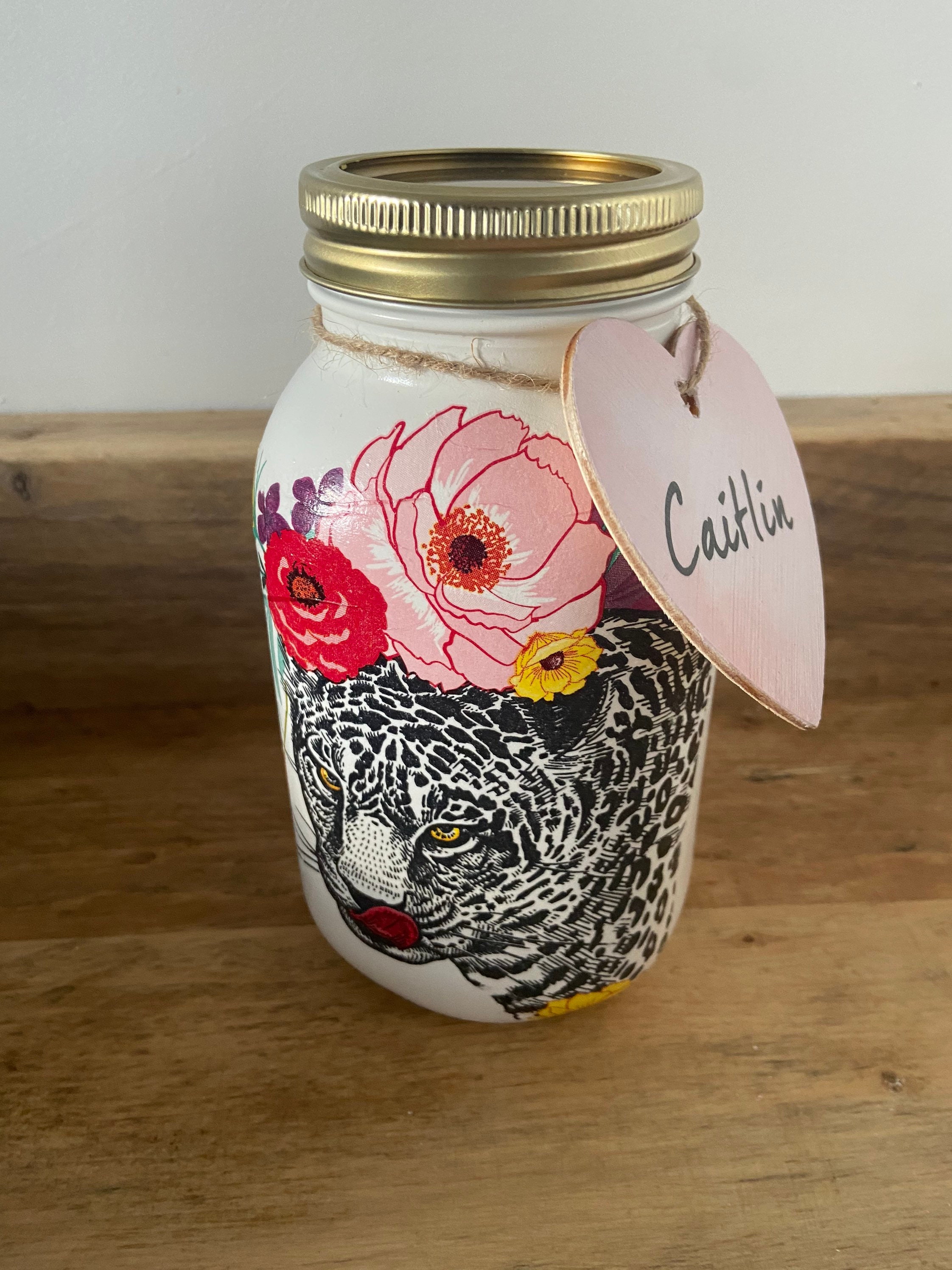 Personalised decoupage mason jar Kilner jar Leopard jungle Etsy