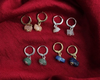 Boucles d'oreilles créoles artisanales en pierres précieuses, serties de fil métallique, or, argent, créoles, boucles d'oreilles en pierres précieuses